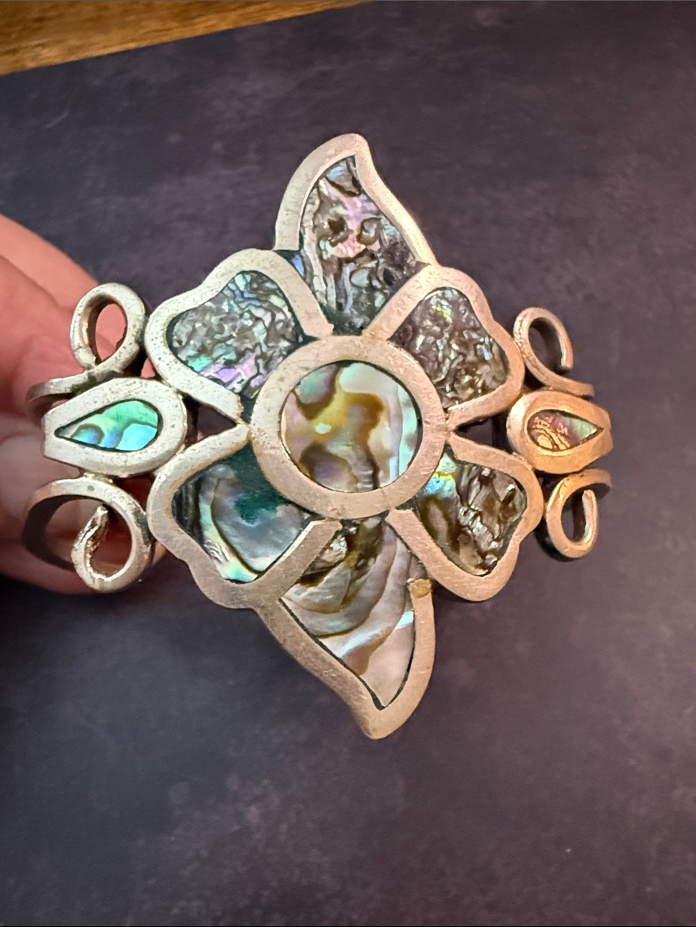 Vintage Mexican Sterling Silver Abalone Floral Cuff Bracelet – 26.45g